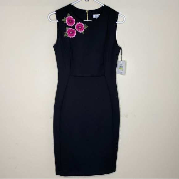 Calvin Klein Black Floral Embroidered Rose Dress 4 - Picture 2 of 8